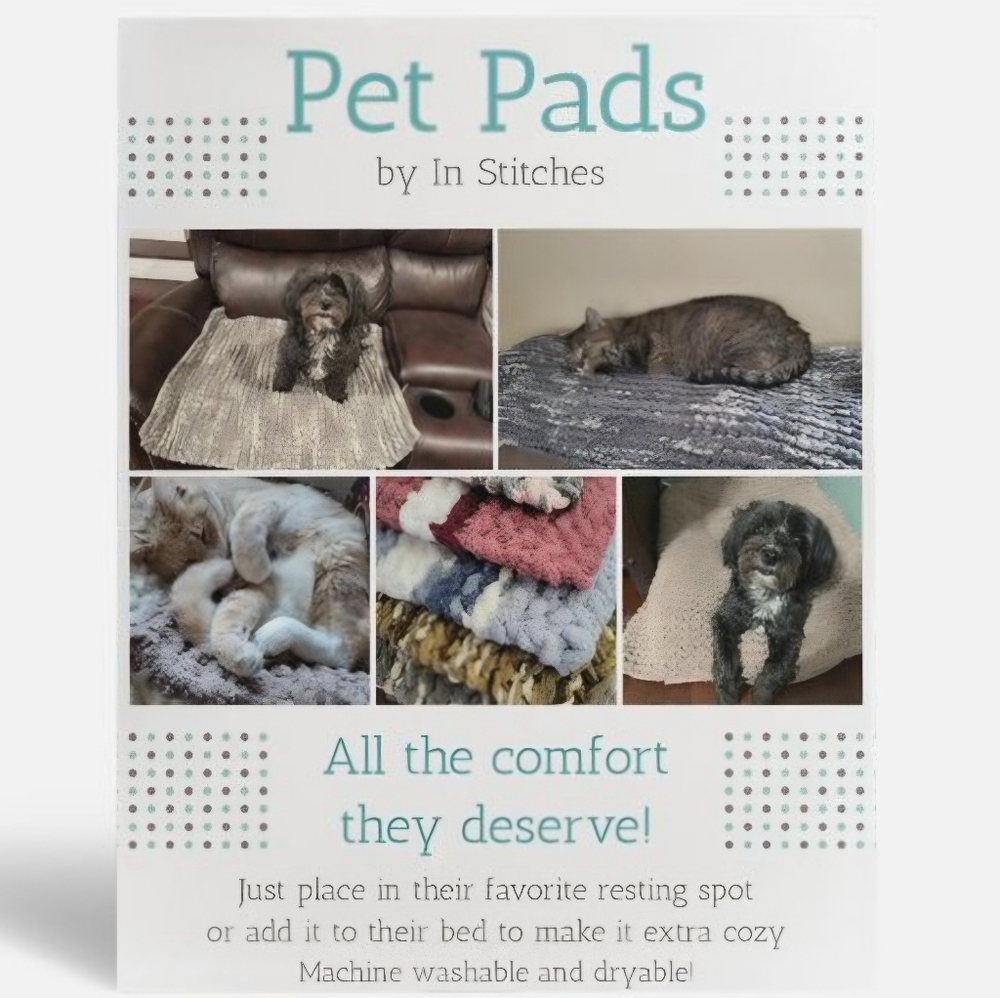 Hand-knit, machine washable and dryable pet pads, custom sizes